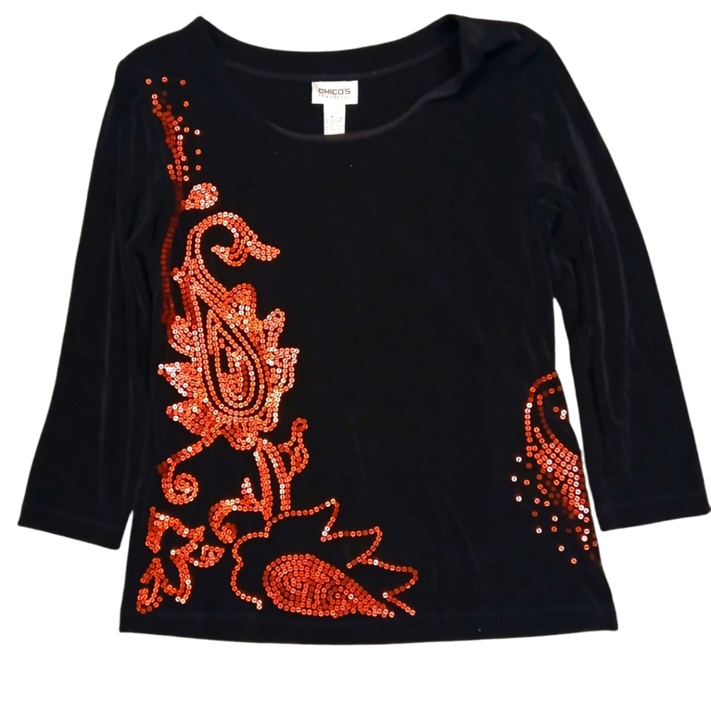 CHICO'S Travelers Black Jersey T Neck Sequin Top